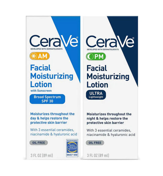 CeraVe Facial Moisturizing Lotion 3 Fl Oz (Pack of 2) AM/PM Bundle